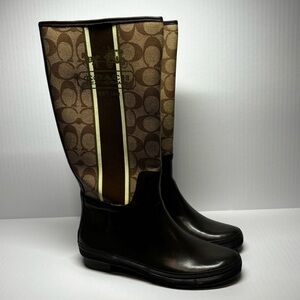 Coach - Brown Logo-Print Tall Rain Boots with Cream Stripe